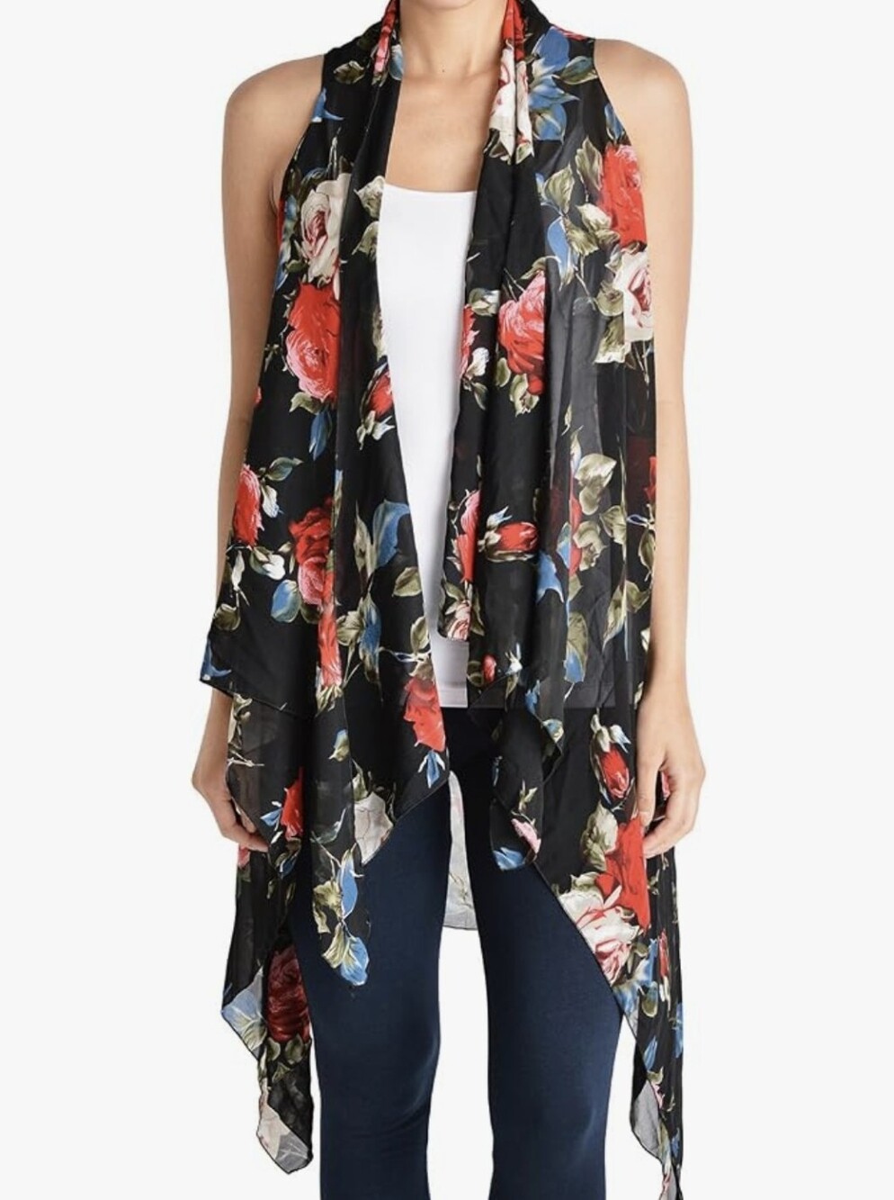 Floral Waterfall Vest - Black & Rose